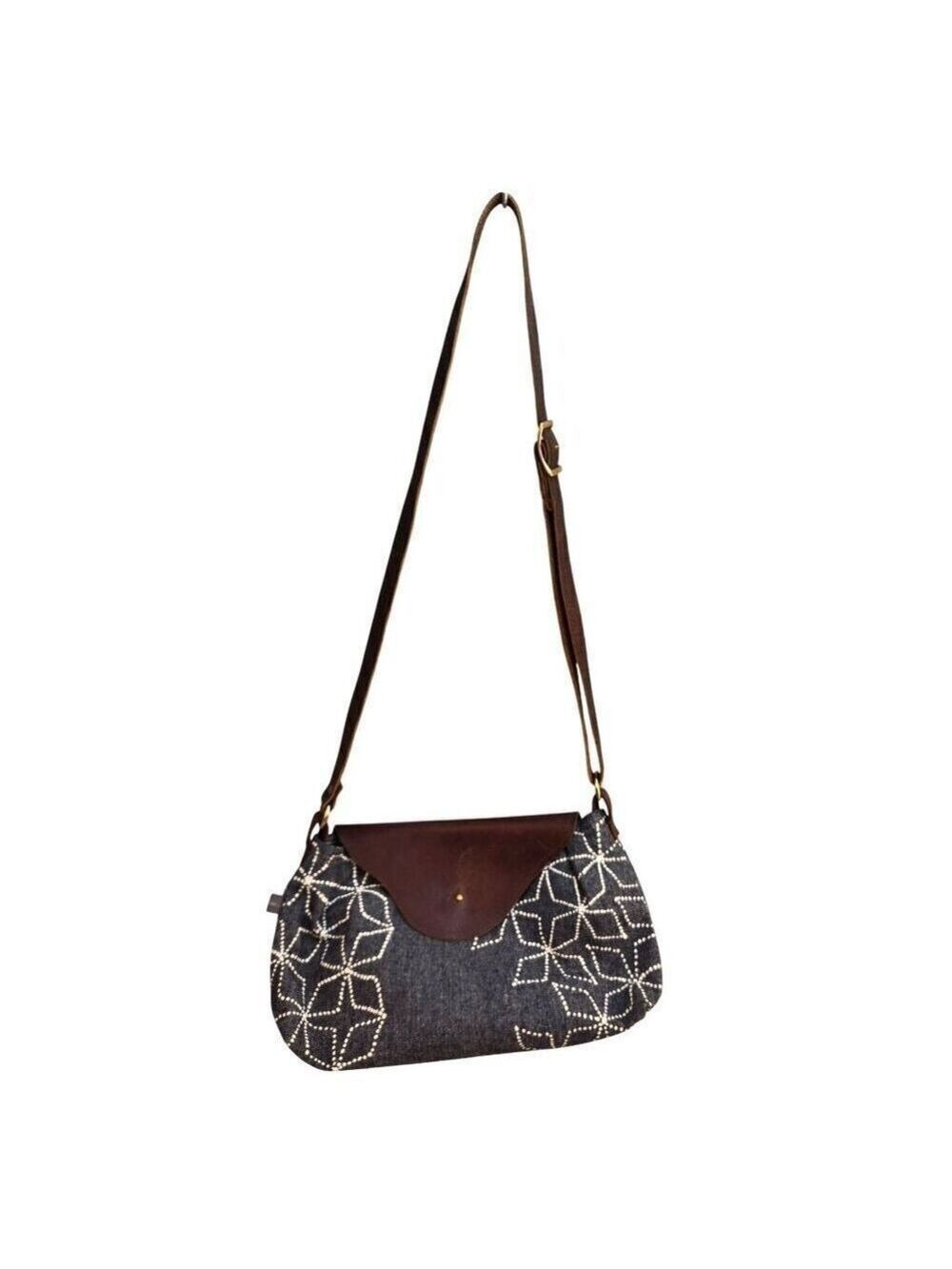 Handcrafted Crossbody Denim & Leather Shoulder Bag With Floral Faux Embroidery P